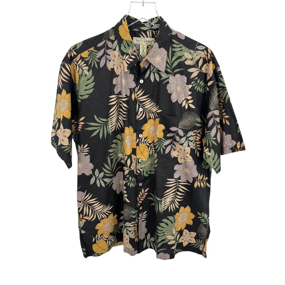 Tori Richard shirt men's M cotton lawn button front black floral Hawaiian beach